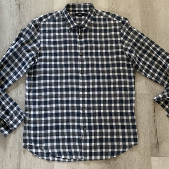 Theory Blue and white Plaid Button Down‎ size L casual dressy - Picture 2 of 11